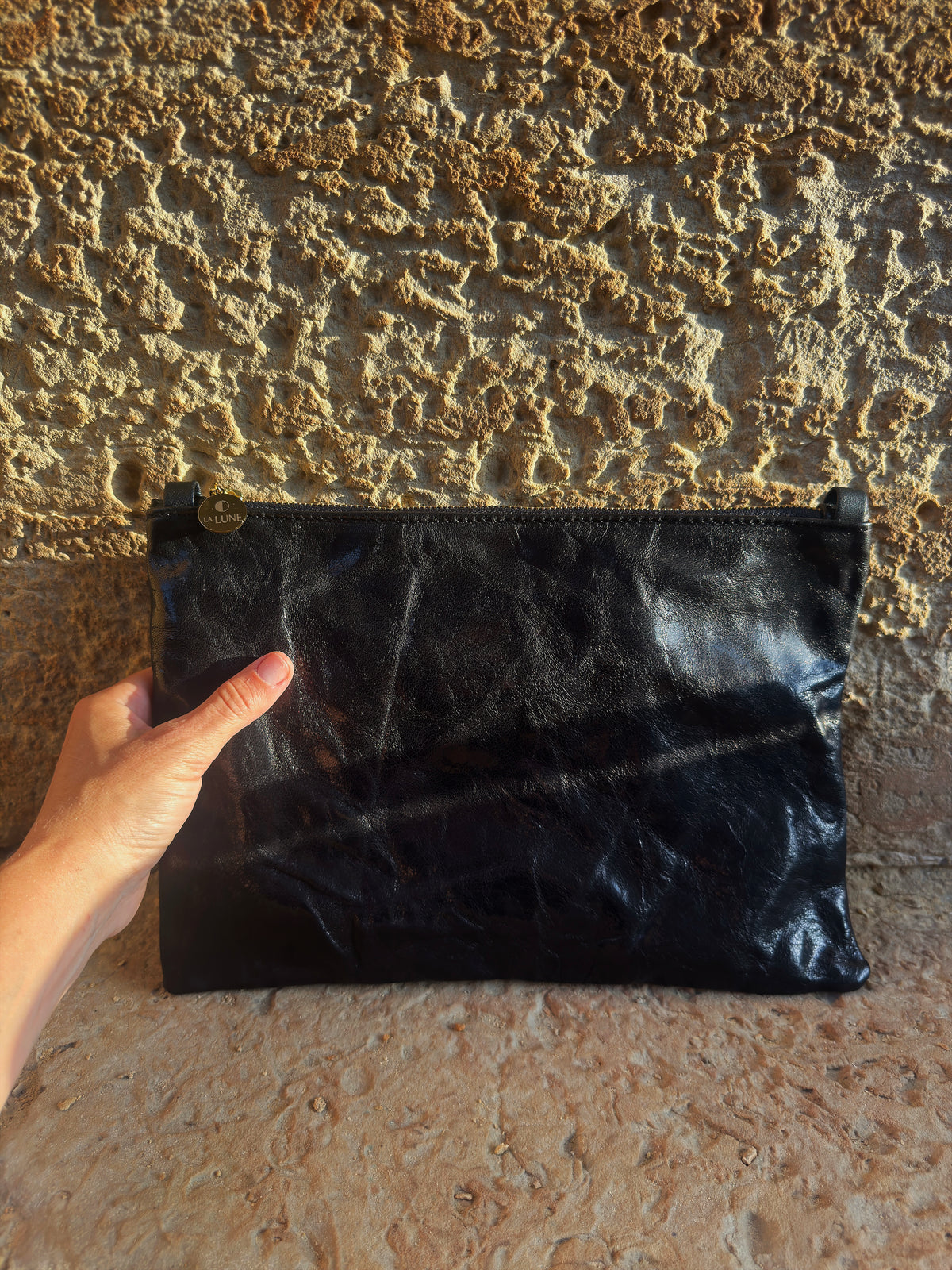 Black Washed Leather Clutch • Luxury Upcycled Leather