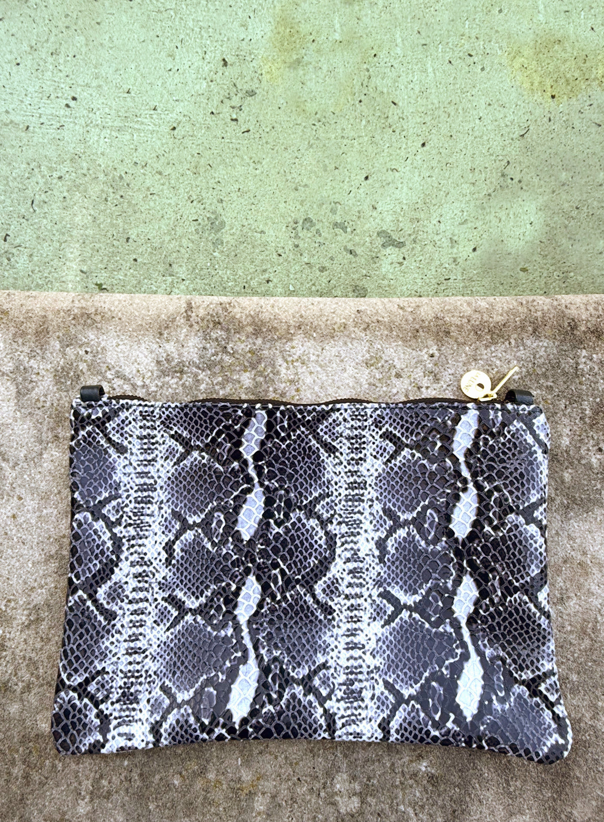 Black White Snake Print Leather Clutch • Luxury Upcycled