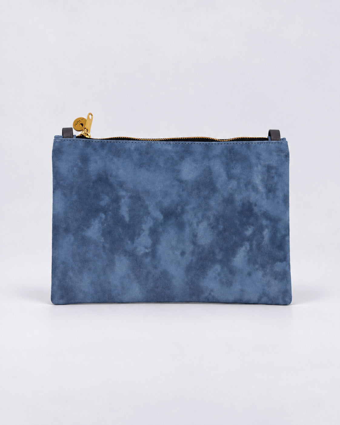 A rectangular blue pouch with a mottled or marbled texture, featuring a gold-tone zipper pull and black zipper tabs, set against a plain light gray background.
