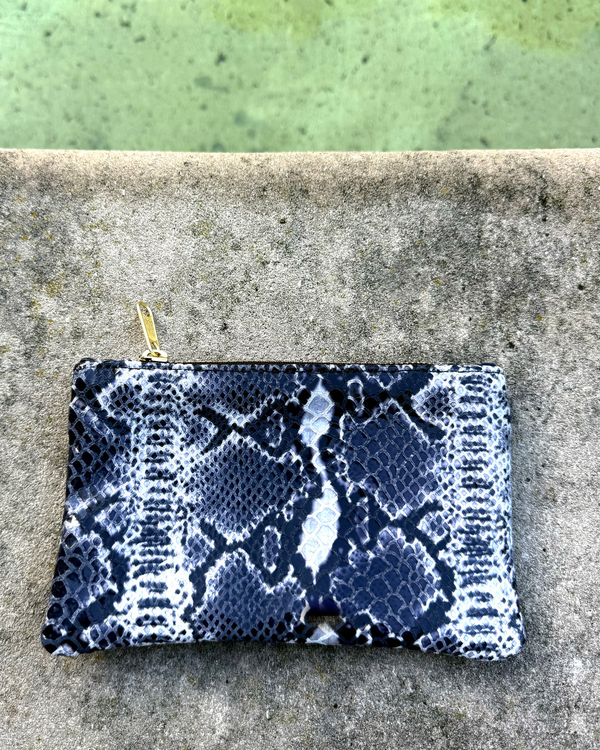 Black White Snake Print + Navy Two-Tone Leather Wallet • Upcycled Luxury Leather