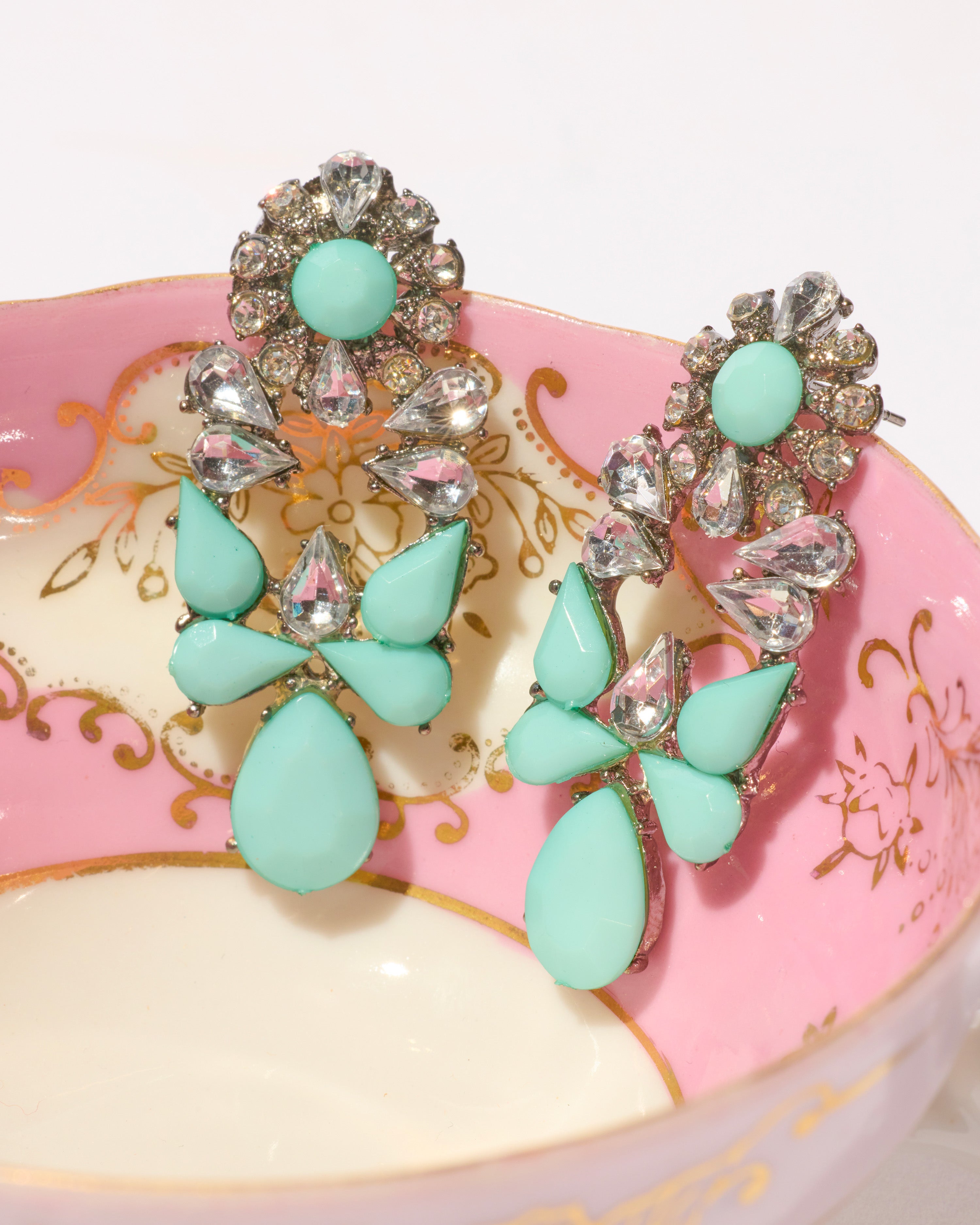 Mint Crystal & Gunmetal Shourouk Statement Vintage Earrings