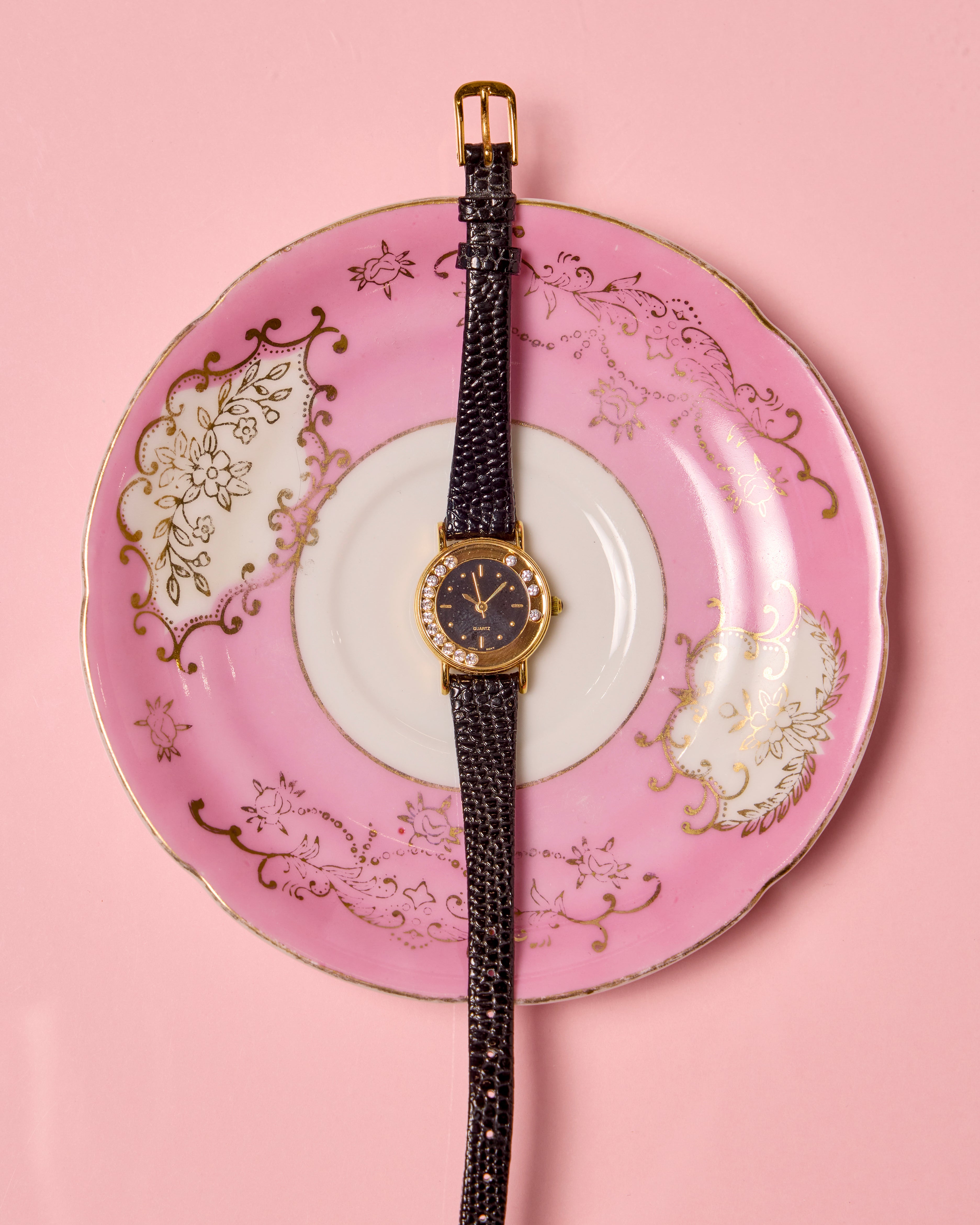 Gold Mini Avon Ladies Watch with Floating Crystal Dial & Black Croco Strap