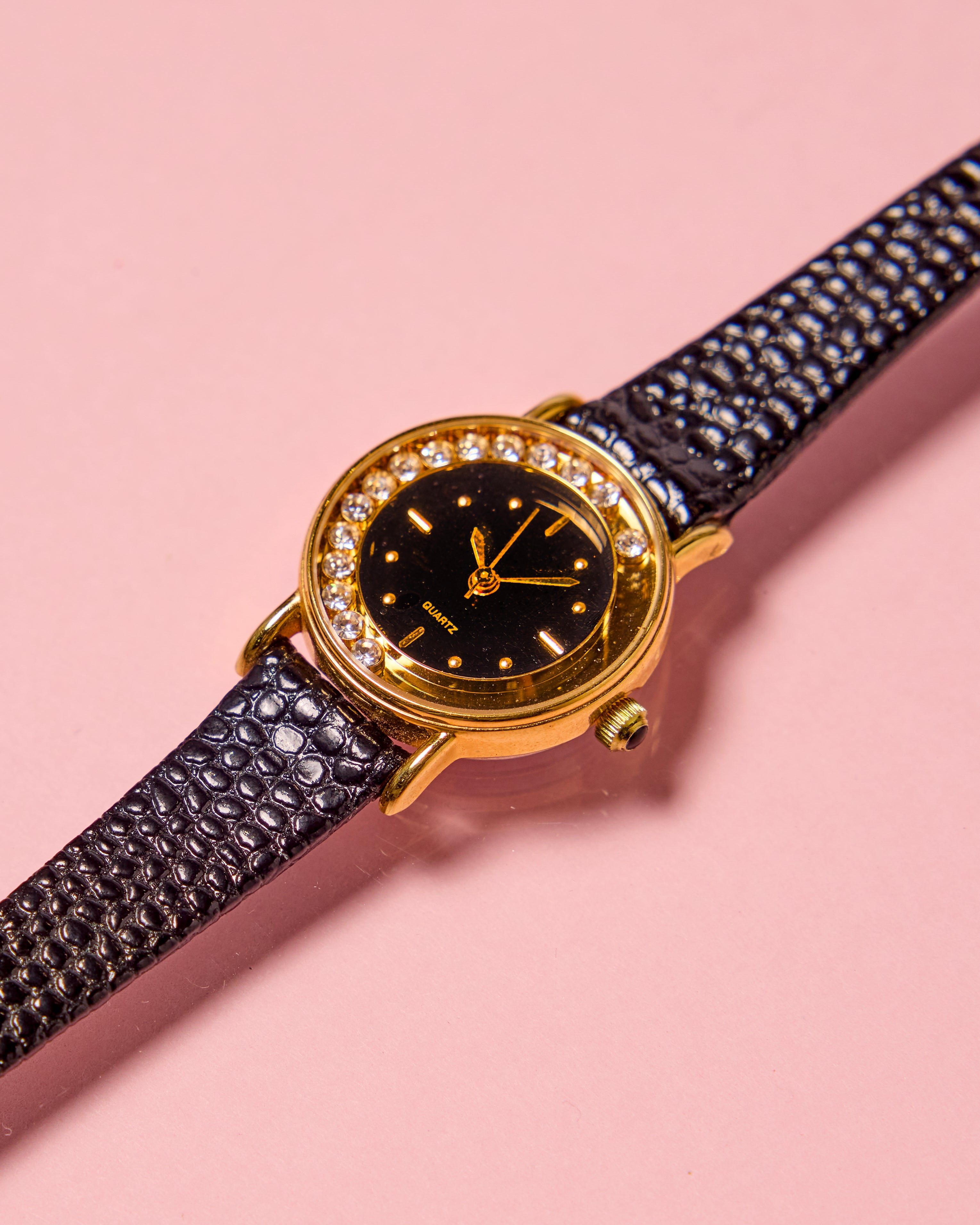 Gold Mini Avon Ladies Watch with Floating Crystal Dial & Black Croco Strap