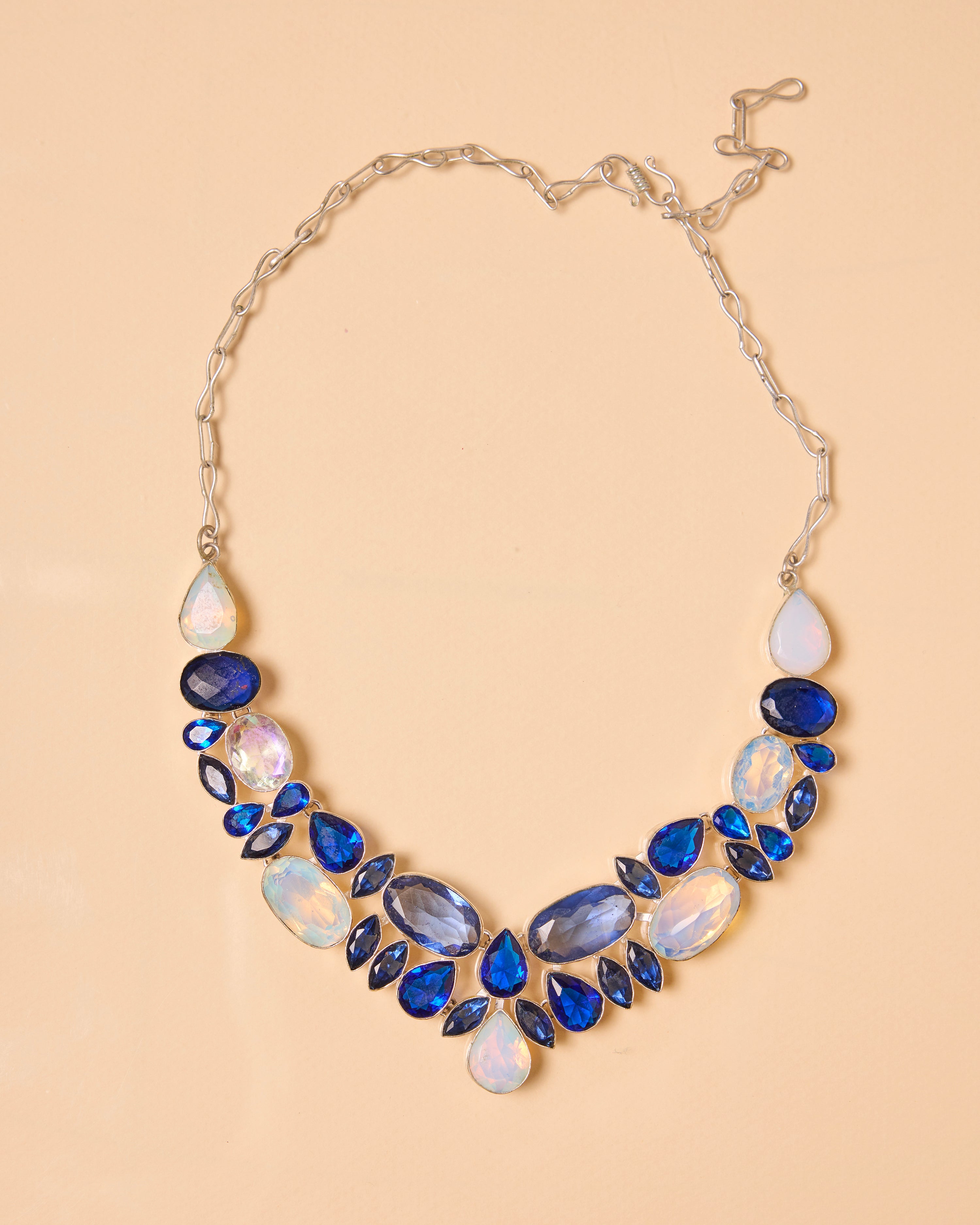 Vintage Handcrafted Bib Necklace - Blue Moonstone & Crystal, Silver