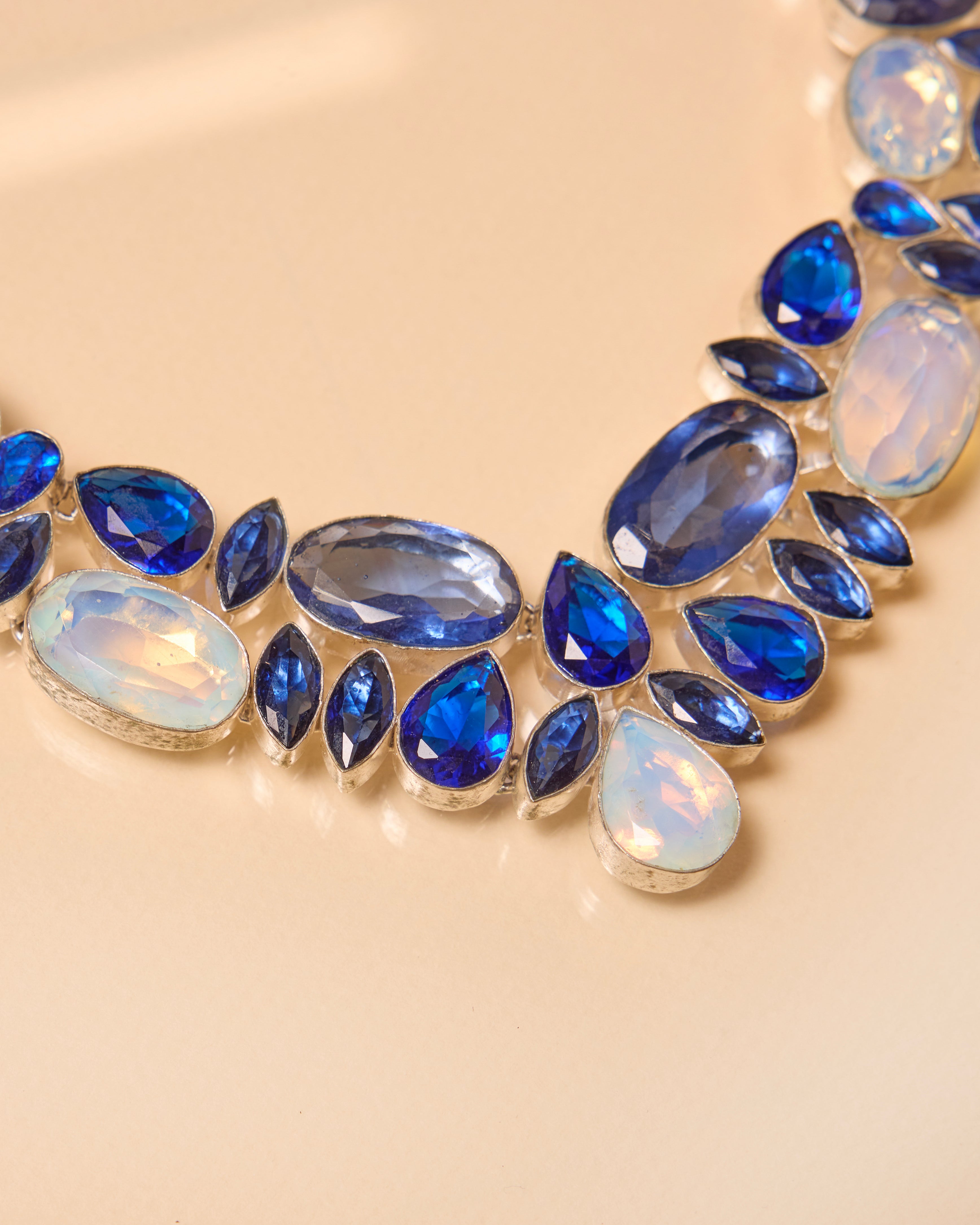Vintage Handcrafted Bib Necklace - Blue Moonstone & Crystal, Silver